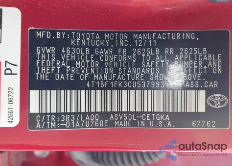 2012 Toyota Camry Xle z USA, uszkodzony, nr VIN 4T1BF1FK3CU537993